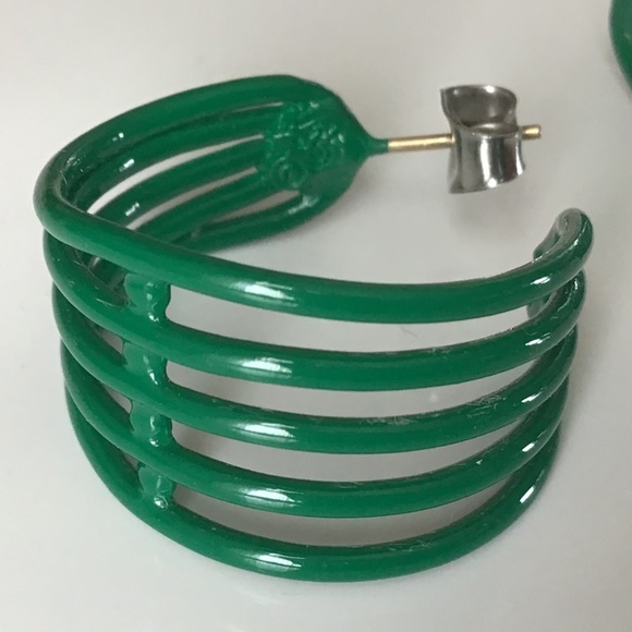 Vintage 1980s Hoop Earrings Pierced Green Retro Disco - Picture 2 of 16